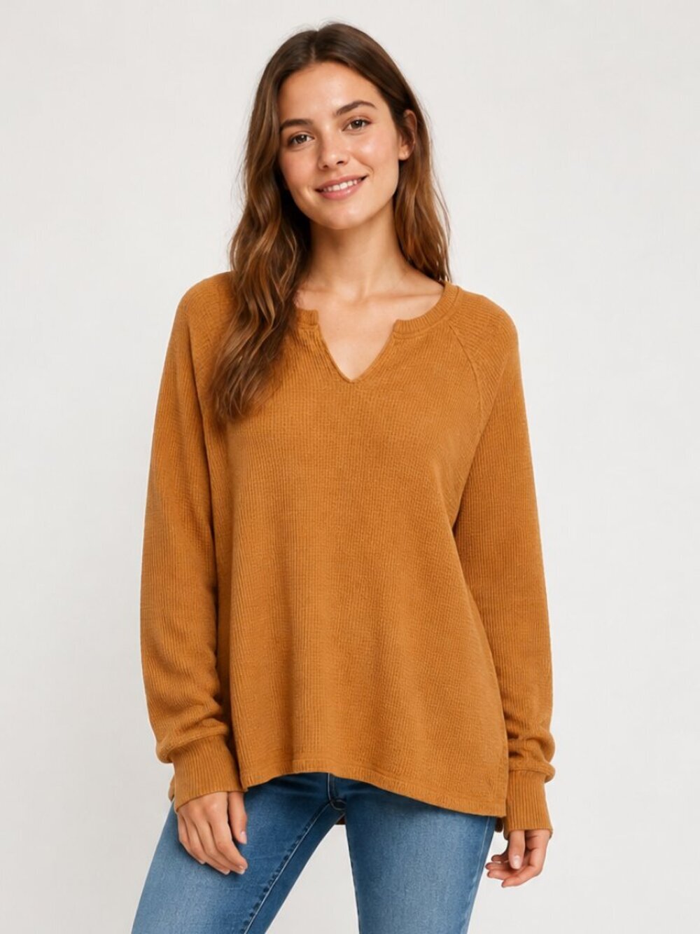 American Eagle Orange Waffle Knit Split Neck Long Sleeve Top Large